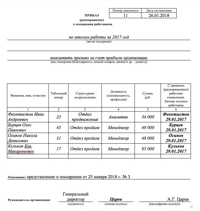 Sample order for employee bonuses